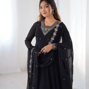 Heavy Pure Soft Fox Georgette Fancy Embroidered Anarkali Gown With Dupatta & Pant - Purple , black and green.